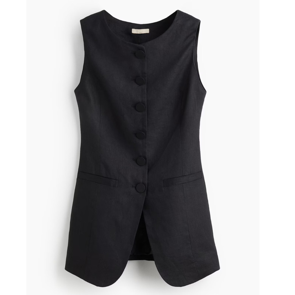 Black Linen Sleeveless Buttoned Vest Top
